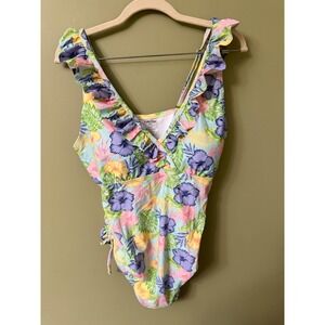 RuffleButts Tropical Floral Ruffle V-Neck One Piece Swimsuit Blue XXL Womens